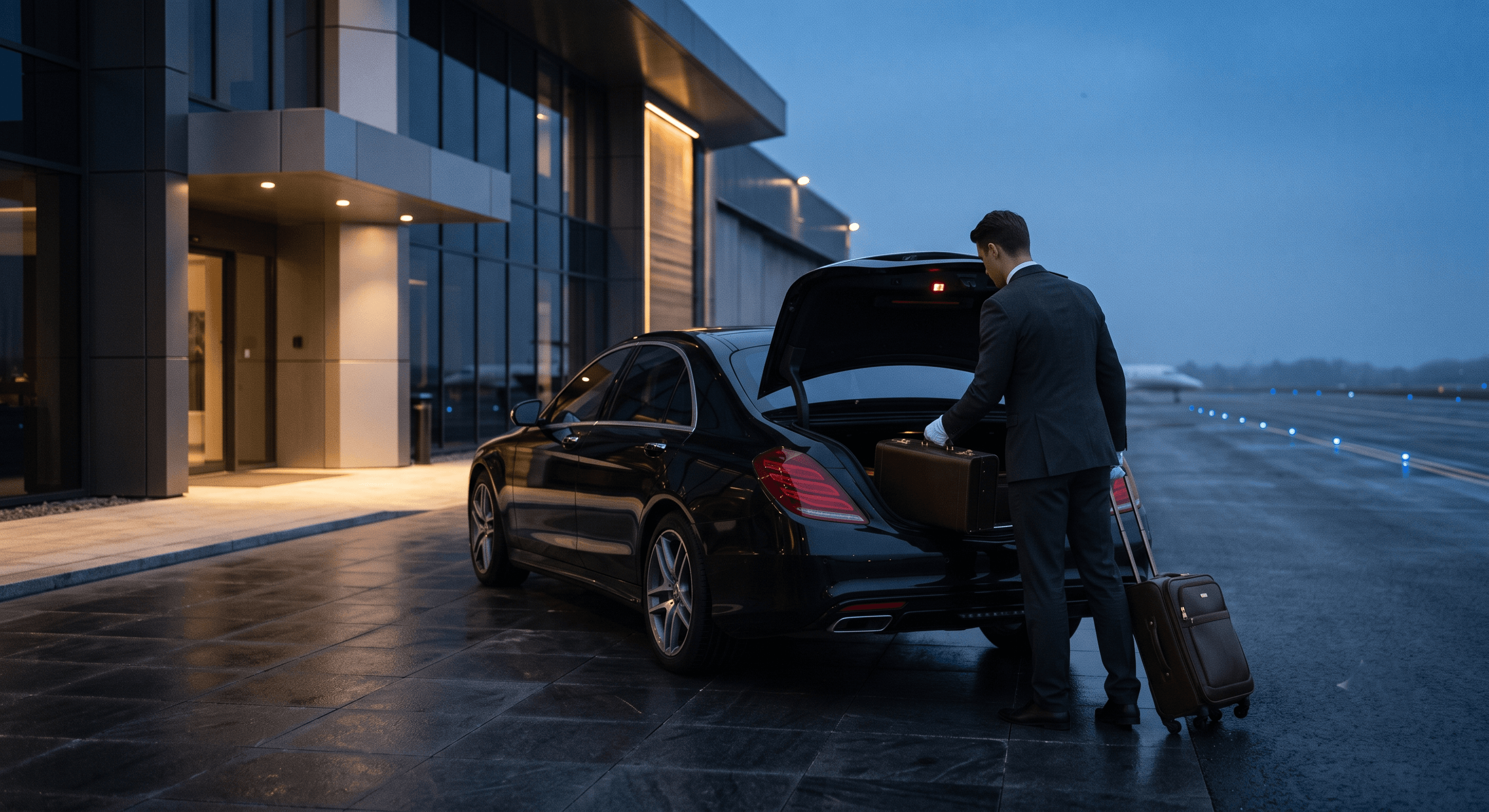 Chauffeur assisting passengers at a private terminal