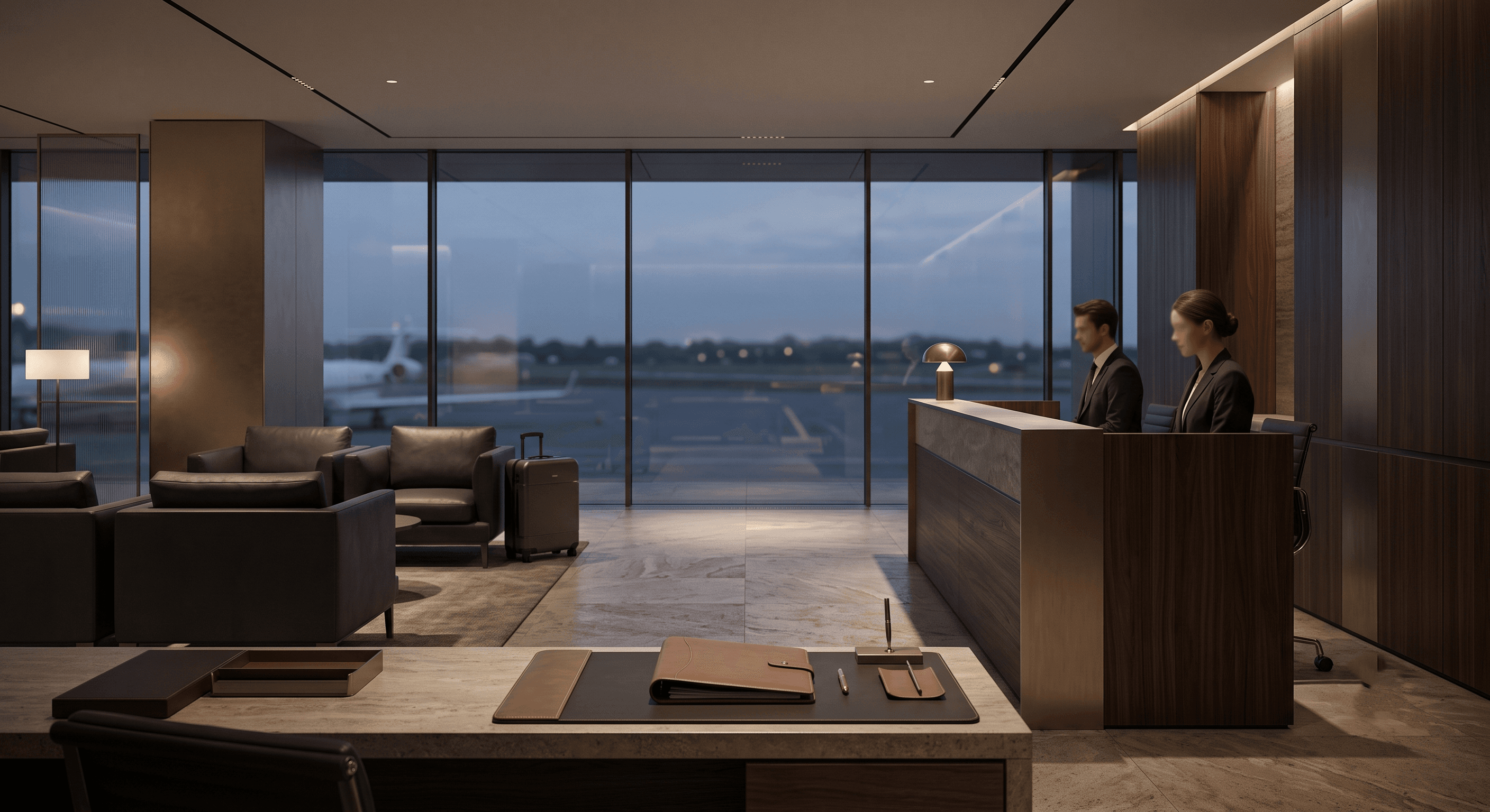 Private aviation concierge lounge overlooking the tarmac