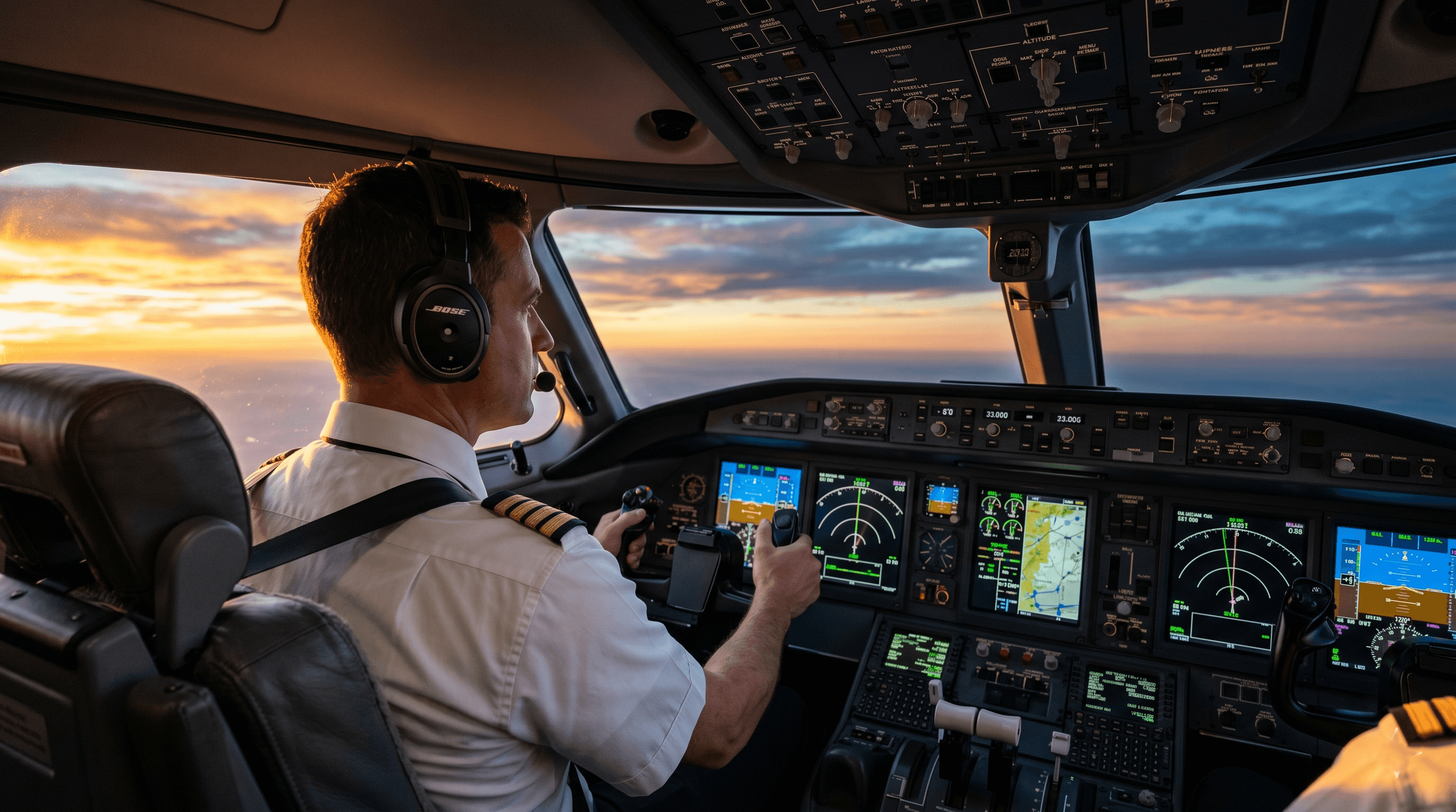 Pilot at the cockpit controls during flight
