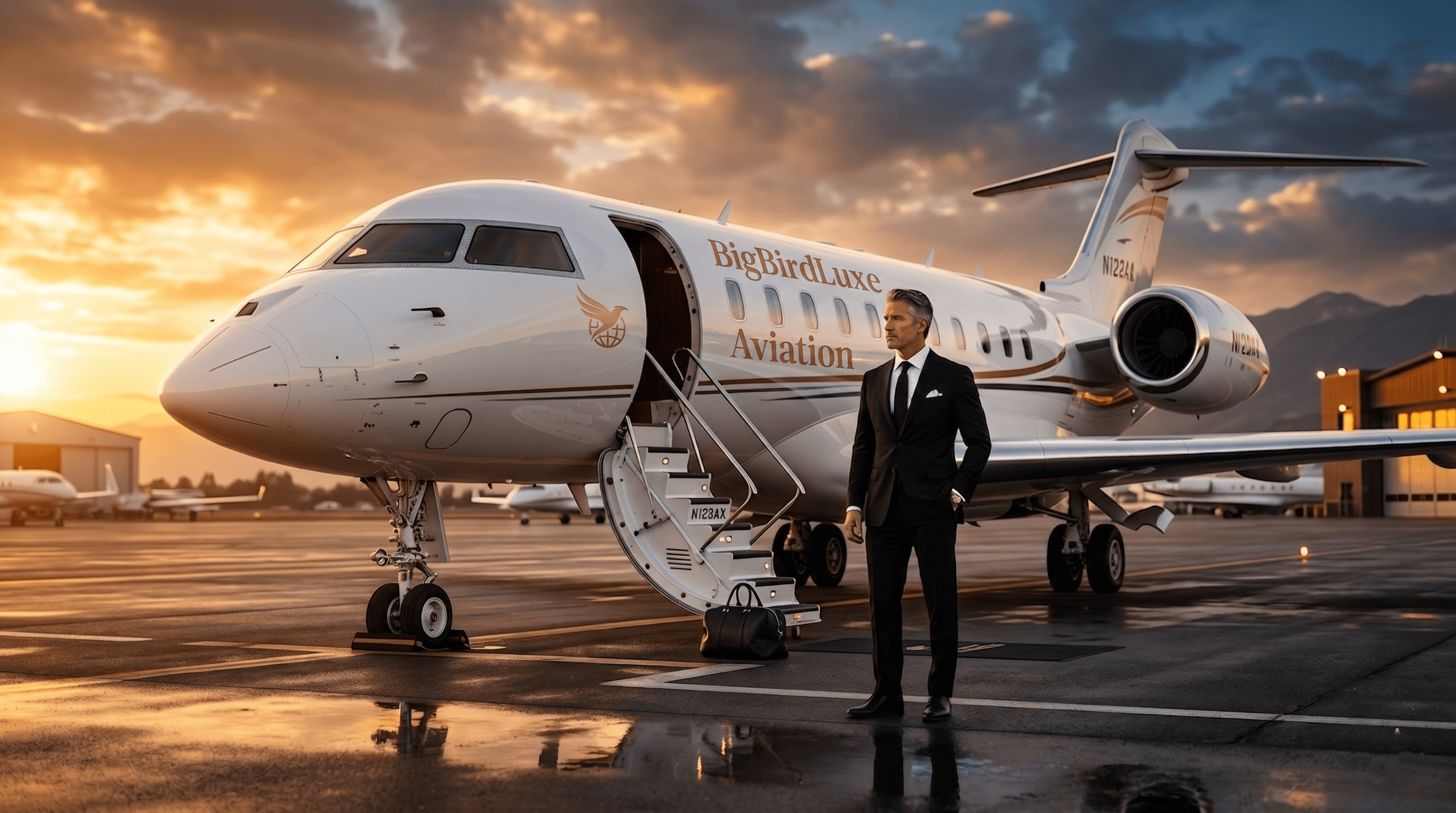Pilot walking towards a private jet on the tarmac at golden hour