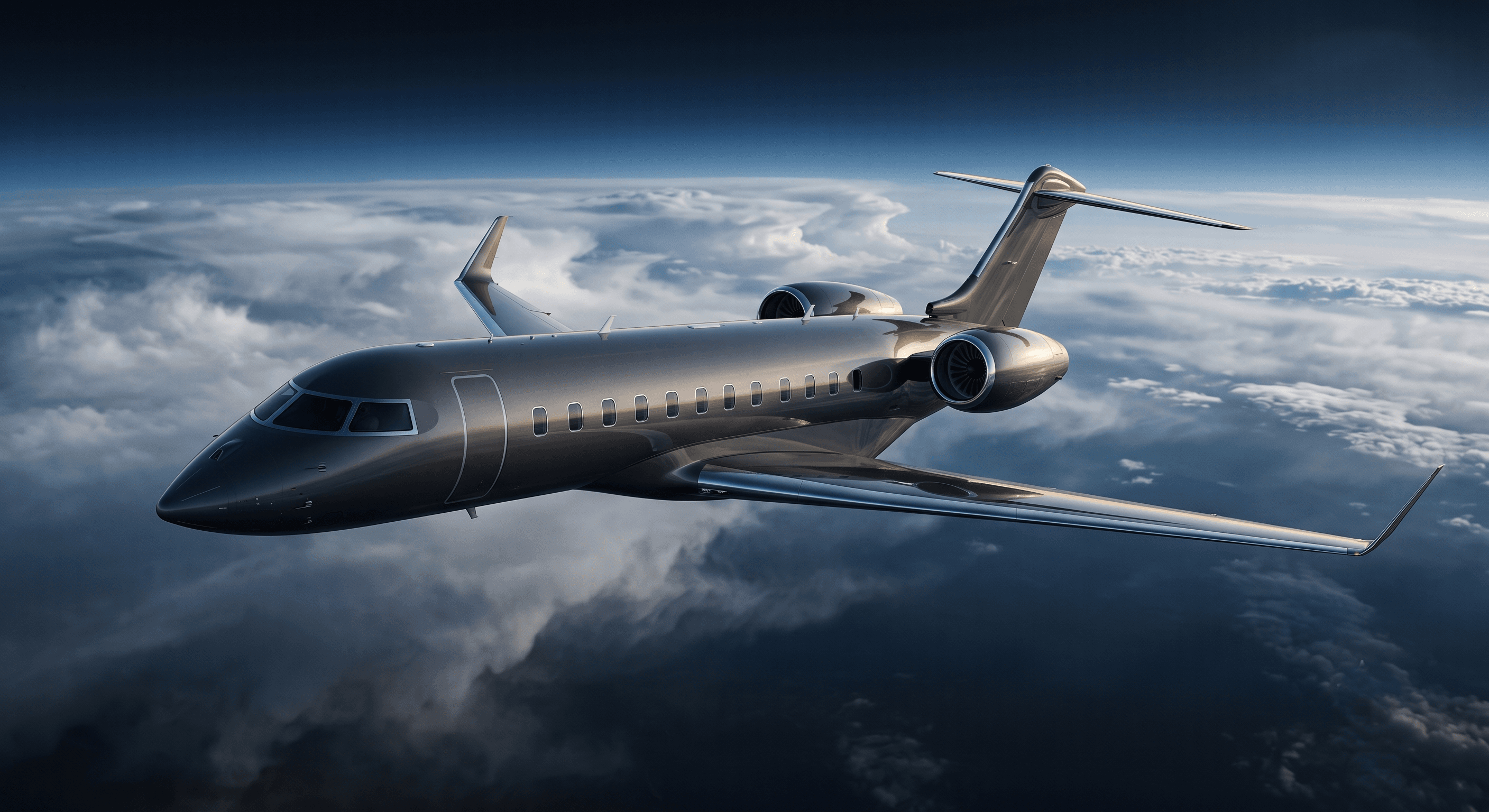 Heavy class private jet at sunset